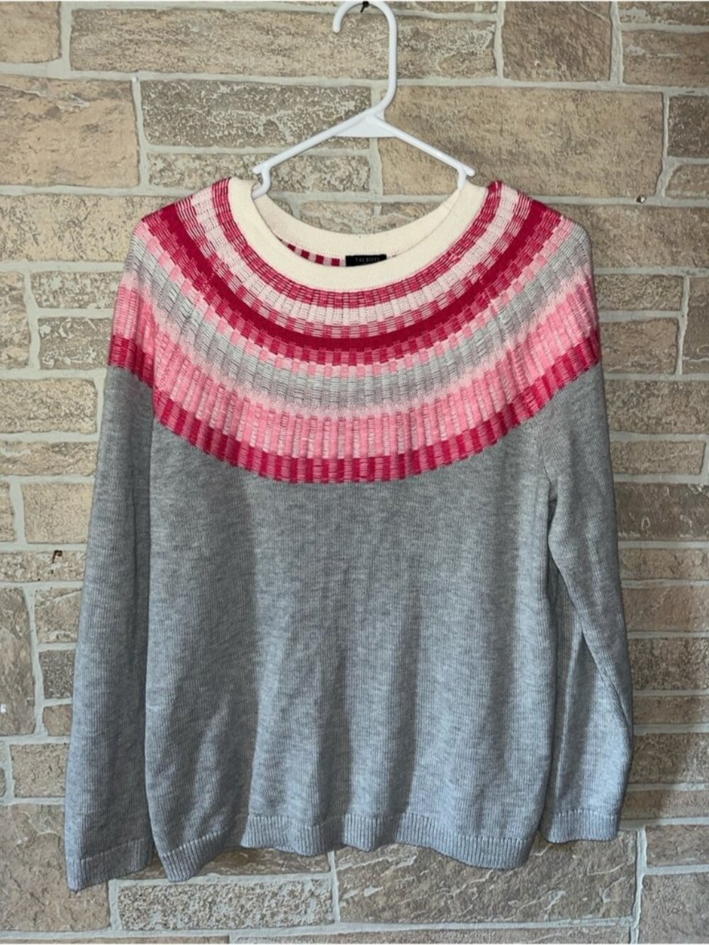 Talbots Gray Crewneck Sweater with Pink Stripe Yoke